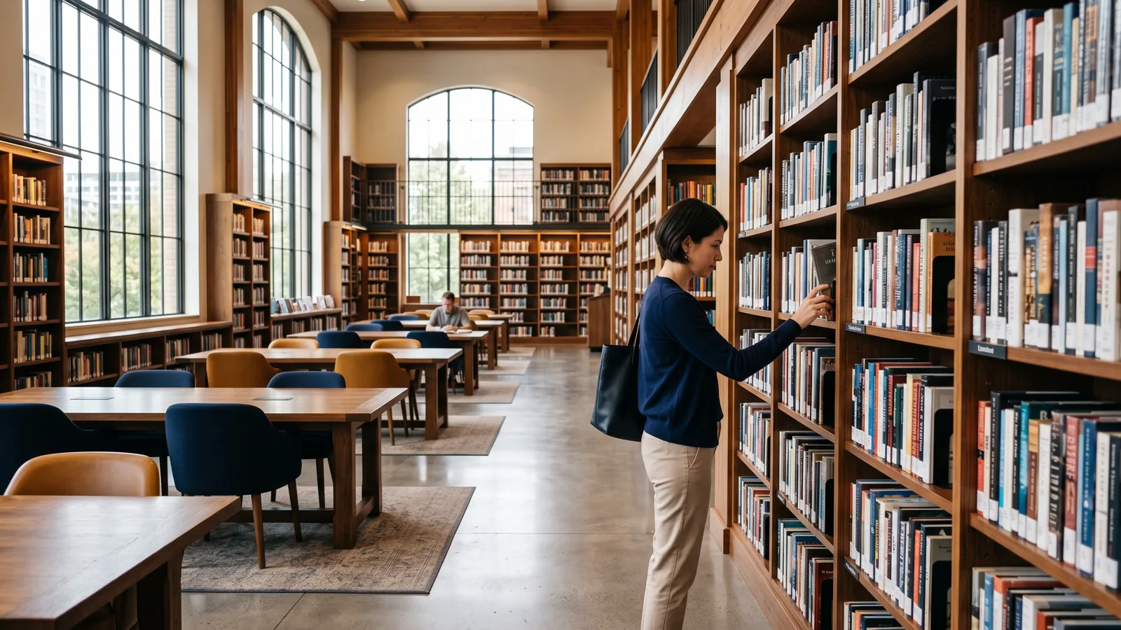 Lesesaal einer Bibliothek mit Holzregalen und Lesetischen