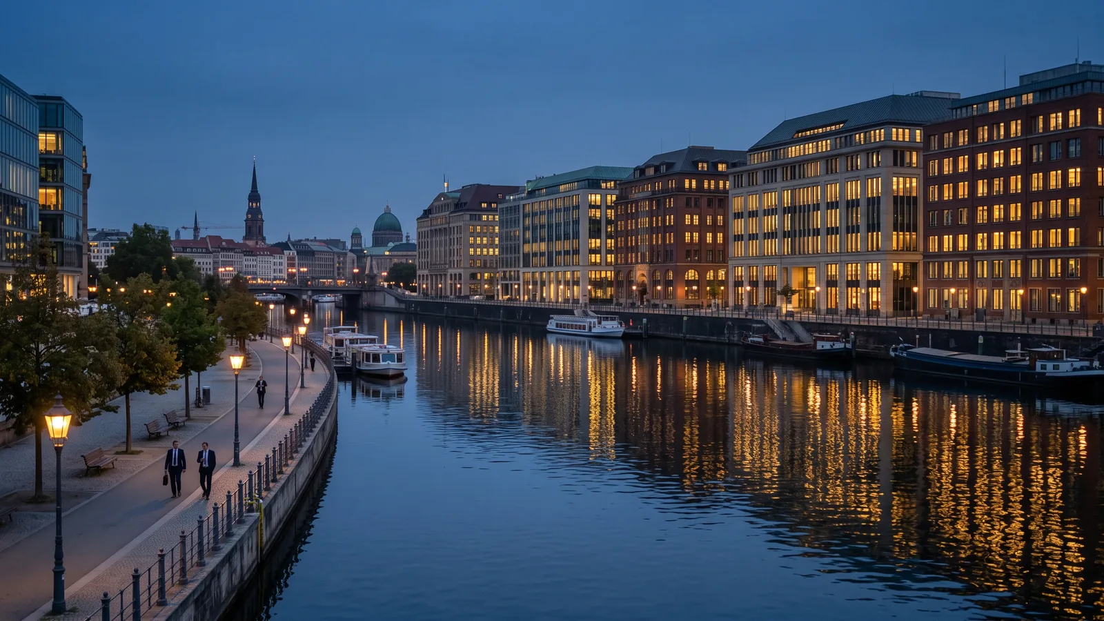 Häuserzeile an einem Fluss in der Abenddämmerung