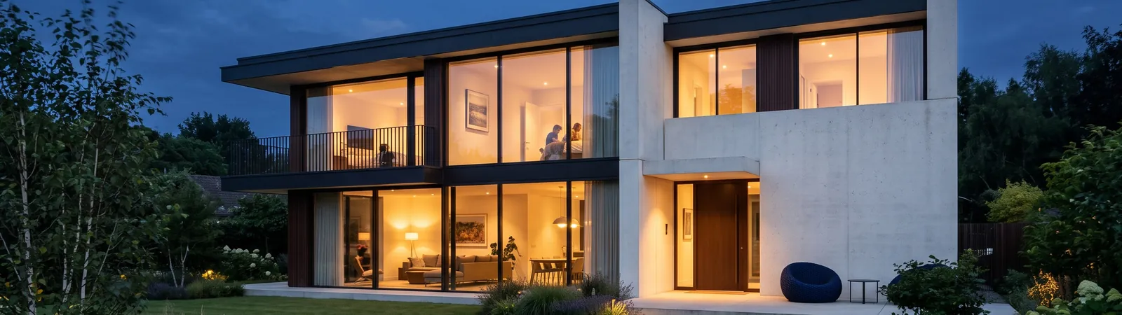Modernes Wohnhaus mit beleuchteten Fenstern in der Abenddämmerung