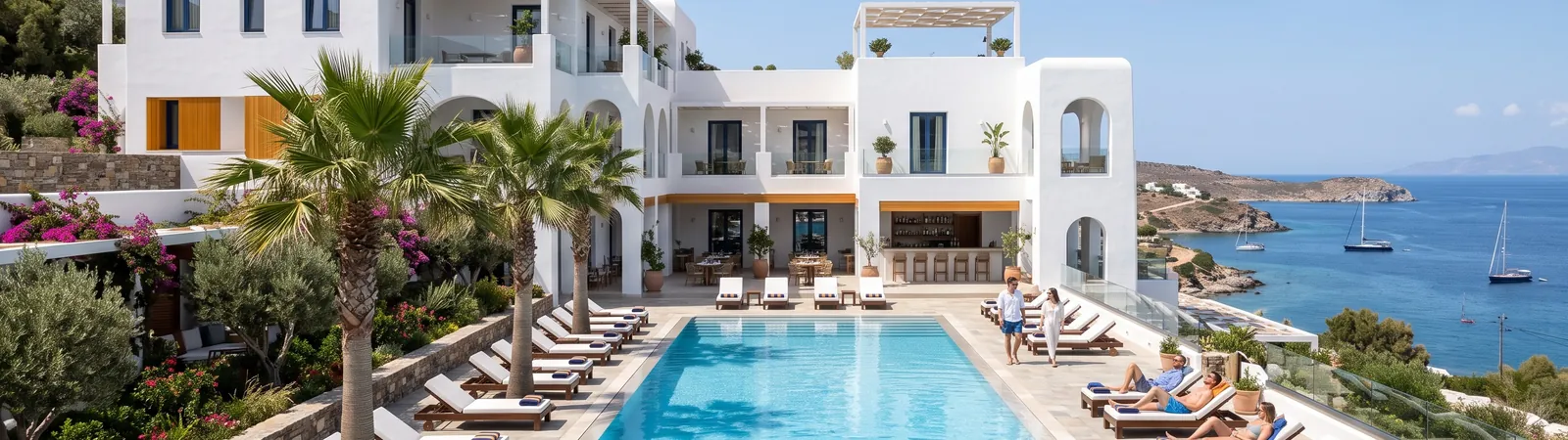 Weißes Hotel mit Pool und Liegen unter Palmen