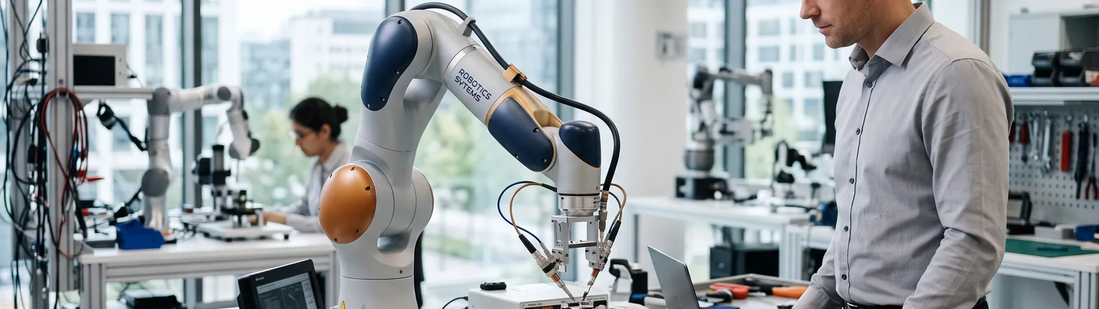 Ingenieur an einem Roboterarm in einem hellen Labor